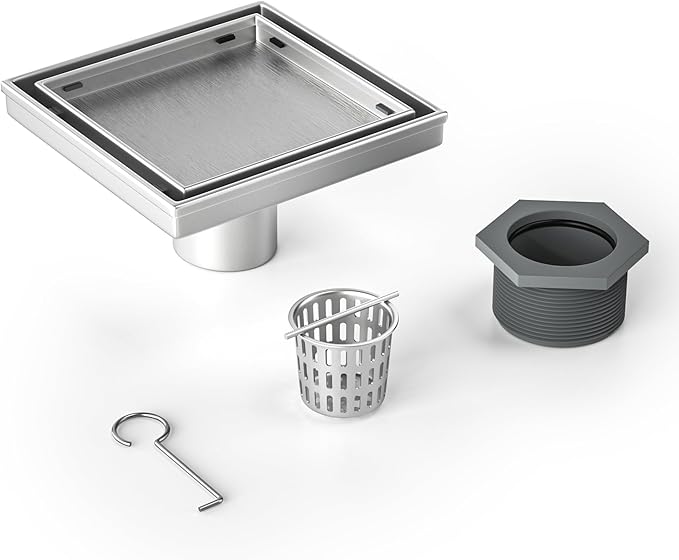 Square Shower Drain 6", Brushed Floor Drain with Tiled Insert Grate & Hair Strainer, 304 Stainless Steel Bathroom 2-in-1 Tiled in Drain, CUPC Certified (Brushed, 6'')