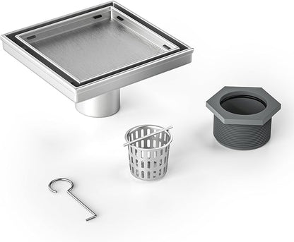 Square Shower Drain 6", Brushed Floor Drain with Tiled Insert Grate & Hair Strainer, 304 Stainless Steel Bathroom 2-in-1 Tiled in Drain, CUPC Certified (Brushed, 6'')