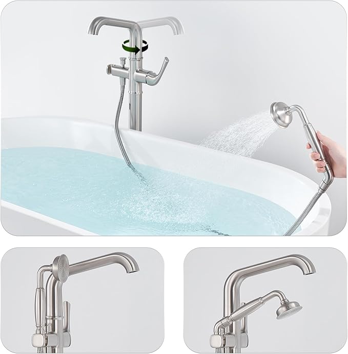 Luxury Free Standing Tub Faucet, Classic Brass Freestanding Bathtub Faucet, Lexdale Bathroom Floor Mount Tub Filler with handheld Sprayer Supply Lines Included Brushed Nickel (LD8911-BN)