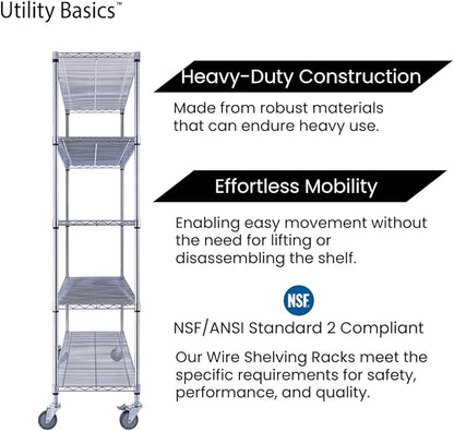 NSF Commercial 5-Tier Wire Shelving with Wheels, 60"x18"x72" Heavy Duty Metal Shelves 4000 lbs Max Capacity, Chrome Storage Rack for Garage Kitchen Pantry Warehouse
