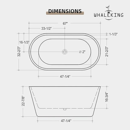 Black 67 inch Freestanding Soaking Bathtub, WHALEKING Modern Stand Alone Free Standing Acrylic Tub with Center Drain & Overflow