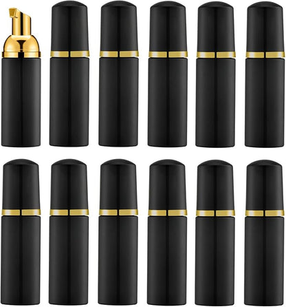 2 Oz Empty Foam Pump Bottle (12PCS) Travel Foaming Soap Dispenser for Hand Soap, Lash Shampoo Cleanser(Black&Gold Pump&Black Cap)