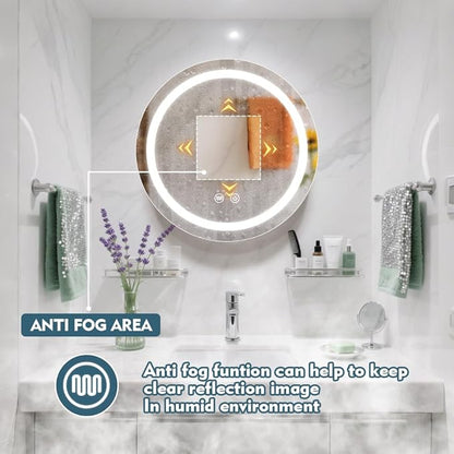 20inch Round Medicine Cabinet with Lights,Led Medicine Cabinet with Defogger,Illuminated Mirror Cabinet for Bathroom,Dimmable,Anti-Fog,3 Colors,Surface Mount Only,White