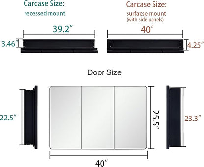 Black Bathroom Medicine Cabinet with Round Corner Framed Door, 40 x 25.5 inch, Recessed or Surface Mount, with Adjustable Glass Shelves