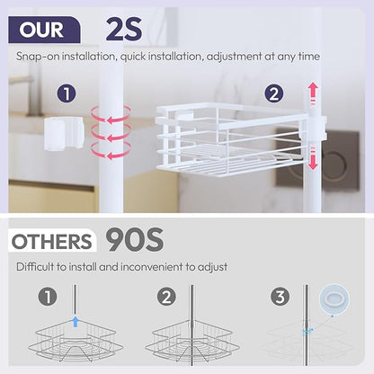 SWTYMIKI Shower Caddy Tension Pole - 4-Tier Corner Shower Organizer Tension Rod with Soap Holder, Toothbrush Holder & 4 Hooks, Adjustable Stainless Steel Bathroom Organizer 27.6 to 108.3 inch, White