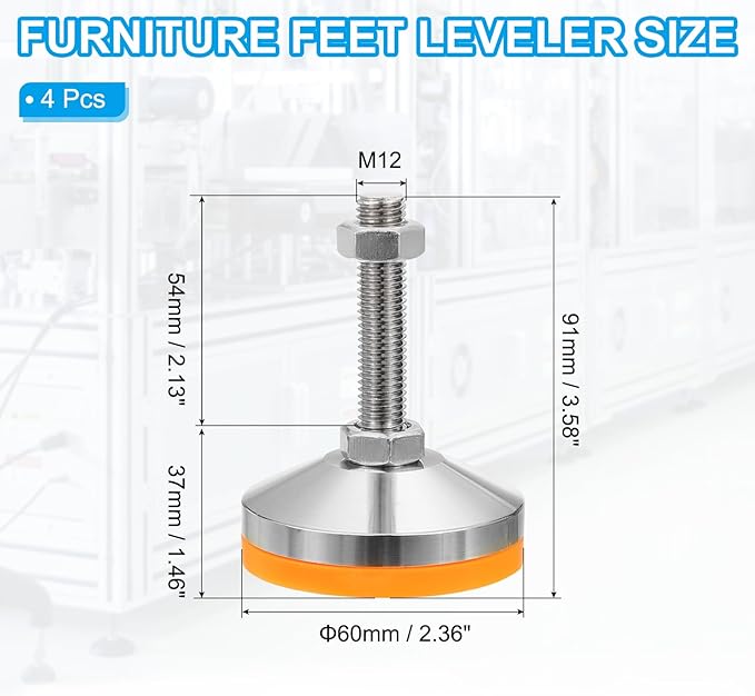PATIKIL Furniture Leveling Feet 2.4" Dia Base M12 Thread, 4 Pcs Carbon Steel Adjustable Threaded Furniture Levelers Screw on Leg Leveler with Pads for Desk Chair Cabinet, Orange