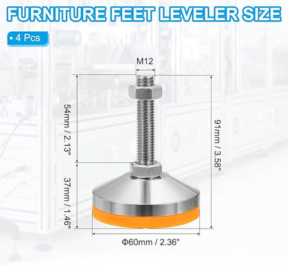 PATIKIL Furniture Leveling Feet 2.4" Dia Base M12 Thread, 4 Pcs Carbon Steel Adjustable Threaded Furniture Levelers Screw on Leg Leveler with Pads for Desk Chair Cabinet, Orange