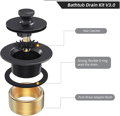 Matte Black Tub Drain and Overflow Kit, Replacement Bath Tub Drain Trim Set,Lift & Turn Bathtub Drain Kit with 2-Hole Overflow Faceplate Conversion Kit Assembly Fine/Coarse Thread