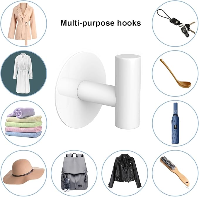 Heavy Duty White Towel Hooks, Stainless Steel Adhesive Coat Hooks for Bags, Towels, Robes, Hats, Aprons – No Drill Bathroom, Kitchen, Hotel Wall Hooks (2 Pack)