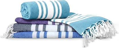 Turkish Cotton Beach Towel Pack of 4 & 1 Boho Tote Bag - Hammam Towels - No Shrink - Quick Dry - Lightweight - Sand Free - Camping - Pool - Beach Essentials - Blue,Gray,Purple, Navy (40"x70")