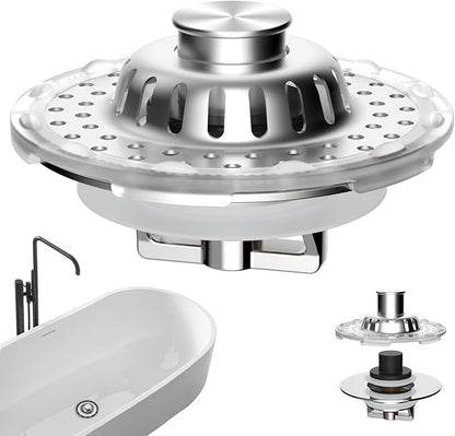 Universal Bathtub Drain Stopper Shower Drain Hair Catcher with Visible Top Strainer, Upgraded 3 in 1 Pop-up Tub Stopper Drain Plug Fit for 1.5 to 2.4" Hole, Stainless Steel Filter Basket