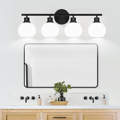 4-Light Bathroom Light Fixtures, Black Bathroom Lights Over Mirror with Milky White Frosted Glass Globe Shade, Vanity Lights for Bathroom Kitchen Living Room Hallway Cabinet Bedroom Porch
