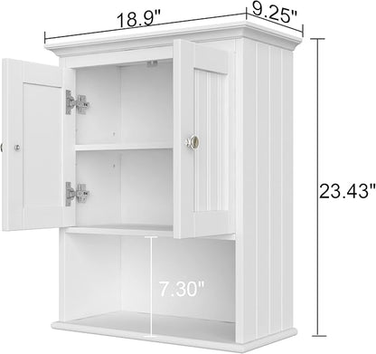 Treocho Wood Wall Cabinet, Bathroom Medicine Cabinet Storage with Doors and Adjustable Shelf, Rustic Cabinet Wall Mounted for Bathroom, Livingroom, Kitchen, Cupboard, White