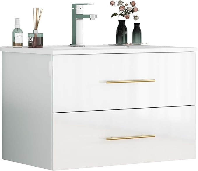 32" Wall Mounted Bathroom Vanity with Sink, High Gloss White Floating Cabinet, Modern Gold Handles, 2 Soft Close Drawers, Integrated Ceramic Top for Powder Room