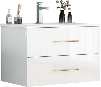 32" Wall Mounted Bathroom Vanity with Sink, High Gloss White Floating Cabinet, Modern Gold Handles, 2 Soft Close Drawers, Integrated Ceramic Top for Powder Room