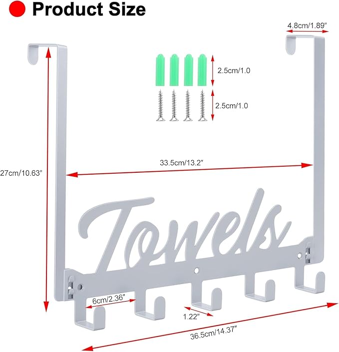 Over The Door Hooks, Towel Hook Towel Holder Over Door Towel Hanger Door Hanger with 5 Coat Hooks Towel Rack for Bathroom Bedroom Kitchen, Chrome