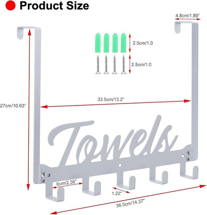 Over The Door Hooks, Towel Hook Towel Holder Over Door Towel Hanger Door Hanger with 5 Coat Hooks Towel Rack for Bathroom Bedroom Kitchen, Chrome