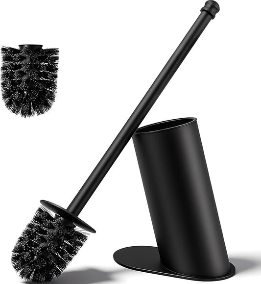 Toilet Brush and Holder Set, Stainless Steel Toilet Bowl Brush with 16.5" Long-Reach Handle, Tilted Canister with Concealed Brush Head & Anti-Splash Shield for Bathroom Cleaning, 1 Spare Head Included