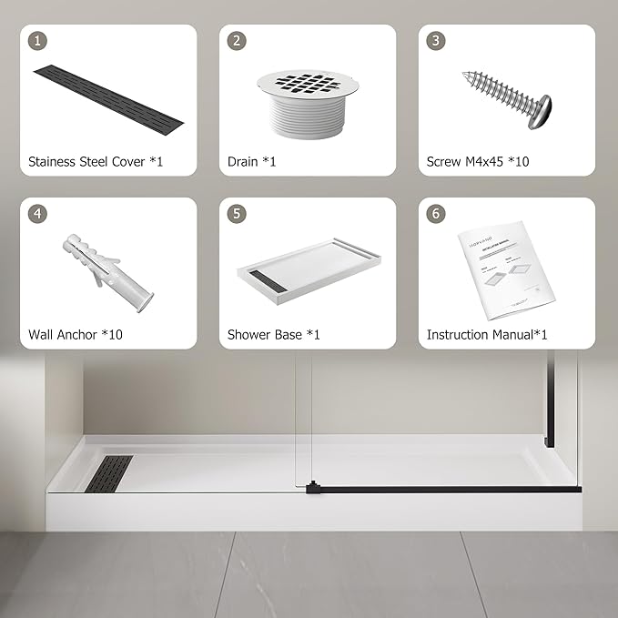 MORVANO 32 x 60 x 4 Shower Base with Single Threshold Rectangular Left Drain Location Shower Base in Glossy White, Acrylic Shower Pan with Black Stainess Steel Cover, Left Drain