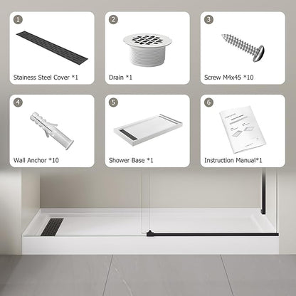 MORVANO 32 x 60 x 4 Shower Base with Single Threshold Rectangular Left Drain Location Shower Base in Glossy White, Acrylic Shower Pan with Black Stainess Steel Cover, Left Drain