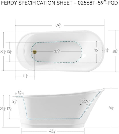 FerdY Langkawi 59" Acrylic Freestanding Bathtub, White Modern Stand Alone Soaking Bathtub, cUPC Certified, Polished Gold Drain and Minimalist Linear Design Overflow Included, Easy to Install