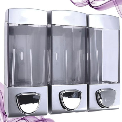 Wall-Mounted Shampoo Dispenser and Lotion Pump, Three-Chamber Soap Gel Bottle, Refillable Bathroom Shower Gel Holder for Residential and Hospitality Use