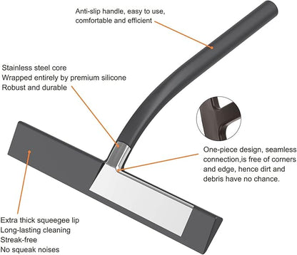 All -Purpose Silicone Shower Squeegee for Shower Glass Door with Hook, Bathroom Accessories for Window Mirror Tile Car Shower Walls,Household Shower Cleaner Tool (Black, 9 inch(2hooks)