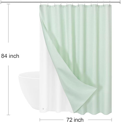 3 in 1 Extra Long Mint Green Shower Curtain Set-72 W x 84 H, Modern Waffle and PEVA Liner Set with 12 Stainless Steel Hooks, Waterproof Fabric for Bathroom
