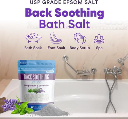 Back Soothing Bath Salt 32 Ounces Epsom Salt with Natural Bergamot, Lavender, Eucalyptus and Peppermint Essential Oils Plus Vitamin C in BPA Free Pouch with Easy Press-Lock Seal