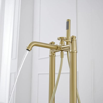 Gold Freestanding Bathtub Faucet Floor Mount Tub Filler with Handheld Shower Two Handle Two Feet High Flow Rate Mixer Tap Bathroom Tub Faucet