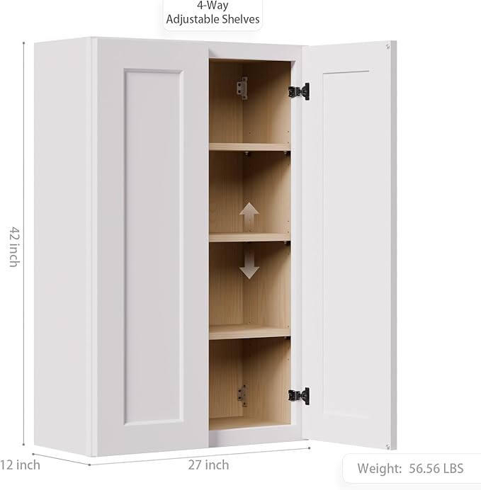 27 Inch Laundry Room Cabinets Wall Mounted, Solid Wood Over The Toilet Storage Cabinet, Bathroom Organizer Cabinets with 2 Shaker Door & 3 Shelves, Easy to Assemble for Kitchen, Garage - White