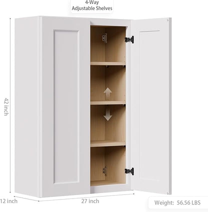 27 Inch Laundry Room Cabinets Wall Mounted, Solid Wood Over The Toilet Storage Cabinet, Bathroom Organizer Cabinets with 2 Shaker Door & 3 Shelves, Easy to Assemble for Kitchen, Garage - White
