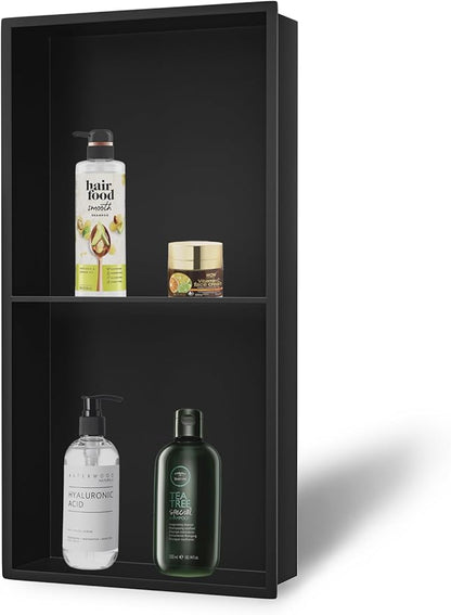 Neodrain No Tile Shower Niche, Stainless Steel Wall Niche 13.1"X25.1"(Inner Size 12"X24"), Two-Tier Bathroom Shelf, NO Tile Needed Recessed Cabinet for Bathroom Storage, Matte Black