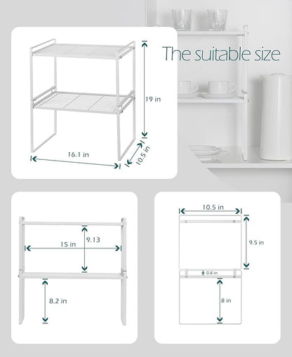 2Pack Kitchen Cabinet Shelf Counter Organizer Rack Pantry Storage Bathroom Bedroom Office Table Desk Space Saving Stackable Rust Resistant Non Slip White Tall Wide L16.1in W10.6in H9.5in