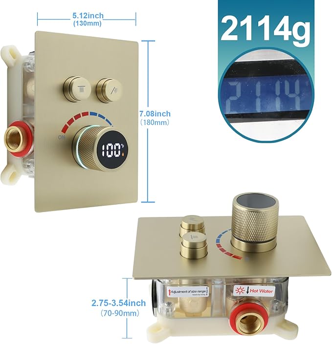 Digital Display Shower Valve Shower Valve 2 Way Shower Diverter Valve Shower Mixing Valve Can Use All the Time Brushed Gold