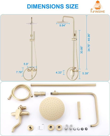 Outdoor Shower Kit Gold, Exposed Shower System with Tub Spout and 10'' Rainfall Shower Head, 3 Functions Handle Shower Faucet Sets with Dial Thermometer Brass Valve, Brushed Gold Finsh