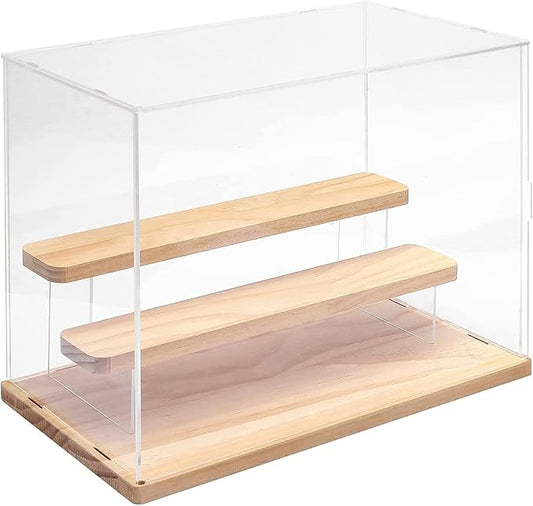 Choowin 3 Tier Clear Acrylic Display Case for Collectibles, Mini Figures, Pop Mart, Labubu, Sonny Angel, Smiski - Assemble Dustproof Acrylic Display Box with Door, Stand (Wood Base Step)