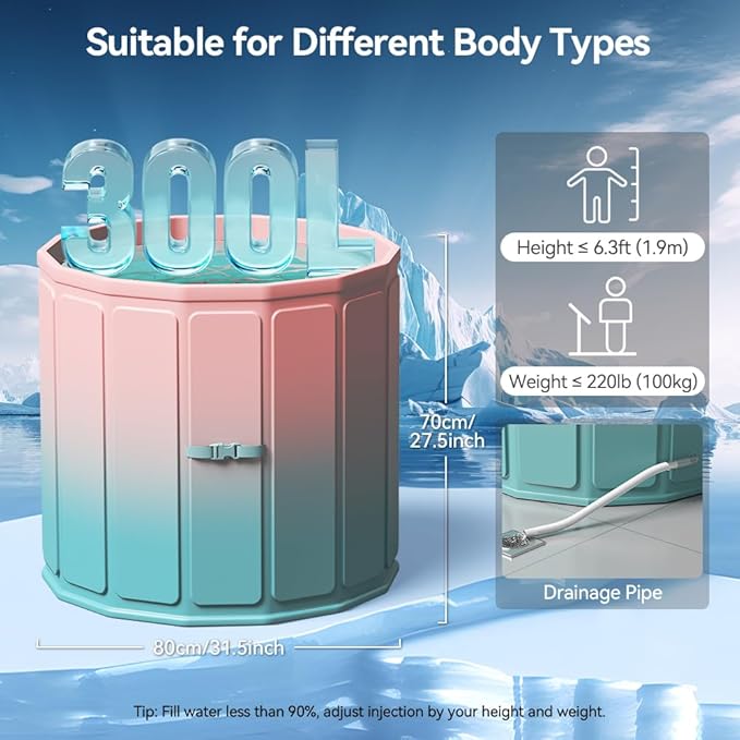 Portable Foldable Ice Bath Tub, Large Size 77 Gal, Fast Muscle Recovery, Home Outdoors Gyms, Quick Opening without Installation, No Water Leakage (Ice/Hot Universal)