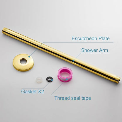 OFFO Shower Arm with Flange, Bright Gold 16 in Ceiling Mount Replacement Rain Shower Head Straight Arm Ceiling-Mounted For Fixed Shower Head & High Pressure Rain