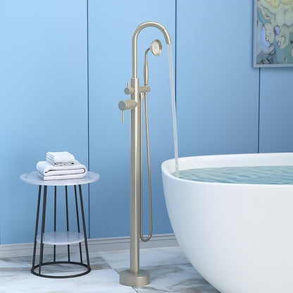 Freestanding Tub Filler Brushed Nickel Floor Mount Bathtub Faucet Bathroom,Rough-in Valve 2 Function Handshower for Tub Rinsing Bathing,Anti-Wobble Base,Telephone-Shape Handheld