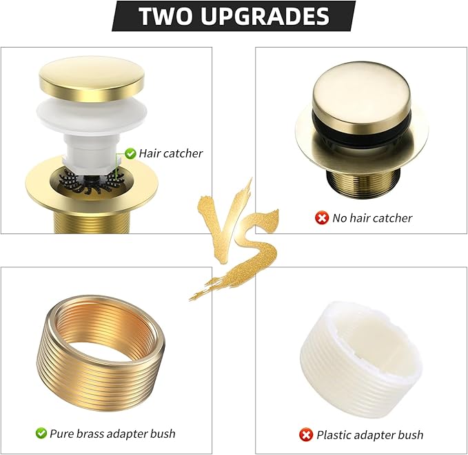 Brushed Gold Tub Drain, Brass Bathtub Drain Kit with Hair Catcher, Tip-Toe Bath Drains and Overflow Replacement kit, Tub Drain Stopper with Two-Hole Overflow Faceplate Conversion kit Assembly