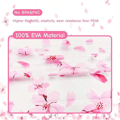 Clear Pink Floral Shower Curtain Liner, Cute Plastic Transparent Cherry Blossom Shower Curtain, Girly Flower Petals Spring Shower Curtains for Bathroom, 72x72 Shower Curtain Set with Magnets 12 Hooks