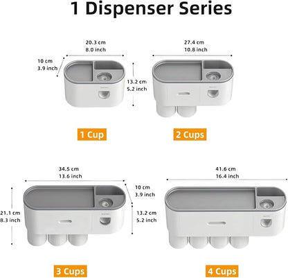 No-Drill Wall Mounted Toothbrush Holder, Bathroom Shelf, with Automatic Toothpaste Dispensers 4 Brush Hooks 3 Magnetic Cups 1 Cosmetic Drawer Organizer and Large Storage (1 Dispenser 3 Cups)