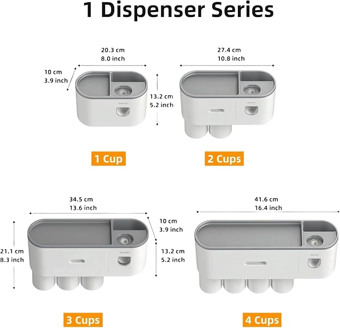 No-Drill Wall Mounted Toothbrush Holder, Bathroom Shelf, with Automatic Toothpaste Dispensers 4 Brush Hooks 4 Magnetic Cups 1 Cosmetic Drawer Organizer and Large Storage (1 Dispenser 4 Cups)