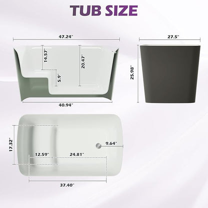 47" Lucite Acrylic Freestanding Bathtub，Square Shape Janpanese Soaking Tub with Seat Desgin,Toe-tap Chrome Right Drain, Slotted Overflow, cUPC Certified, 37° Gray