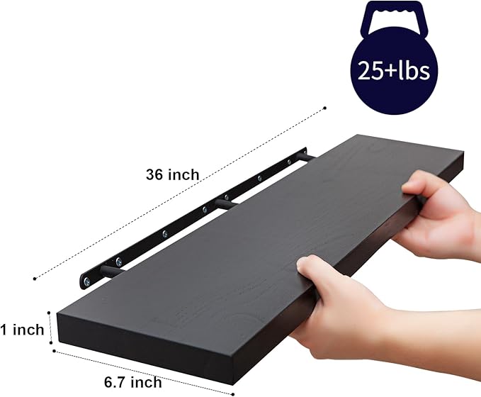 SAUMONIERES Floating Wall Shelves for Bedroom Bathroom Wall Mounted Solid Wood Shelf Storage Decor, Long Black Floating Shelf