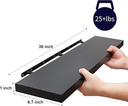 SAUMONIERES Floating Wall Shelves for Bedroom Bathroom Wall Mounted Solid Wood Shelf Storage Decor, Long Black Floating Shelf