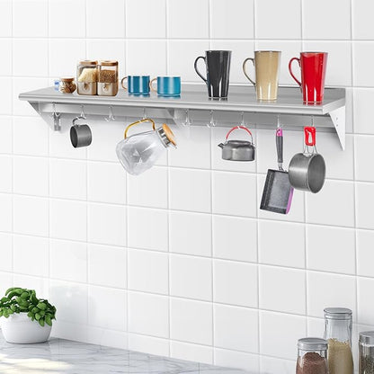 Hally Stainless Steel Shelf with 9 Hooks 12" x 72" Wall Mounted Pot Rack 345lb, NSF Commercial Floating Shelving for Storage Hanging Pots, Pans, cookware in Restaurant, Kitchen, Home and Hotel