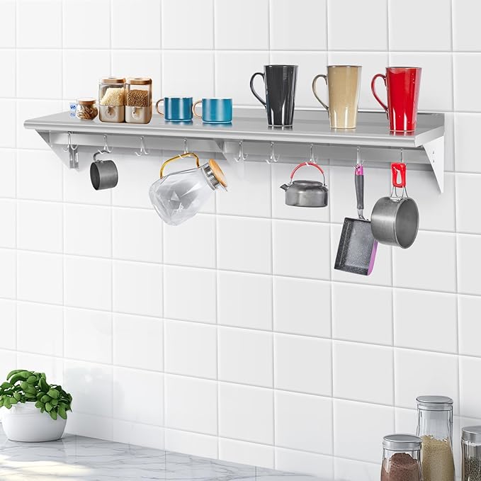 Hally Stainless Steel Shelf with 6 Hooks 14" x 48" Wall Mounted Pot Rack 350lb, NSF Commercial Floating Shelving for Storage Hanging Pots, Pans, cookware in Restaurant, Kitchen, Home and Hotel