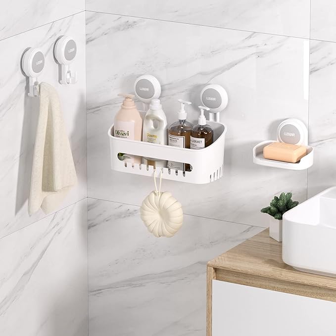 LUXEAR 4 Pack Shower Caddy Set - Suction Cup Shower Shelf+Soap Dish+Hooks - 1 Sec Installation NO-Drill Removable Powerful Waterproof Organizer